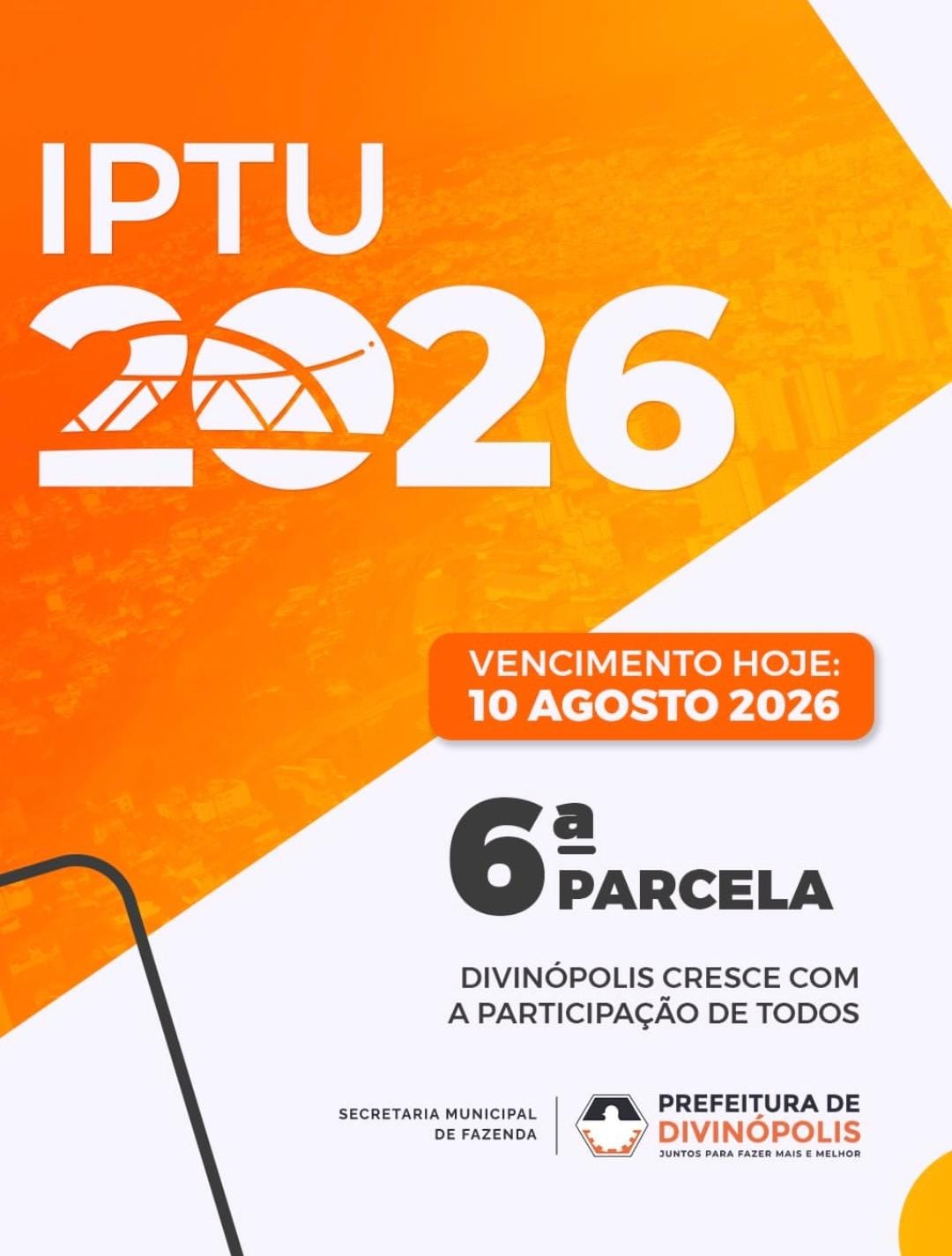 6ª parcela do IPTU 2026 em Divinópolis vence nesta segunda